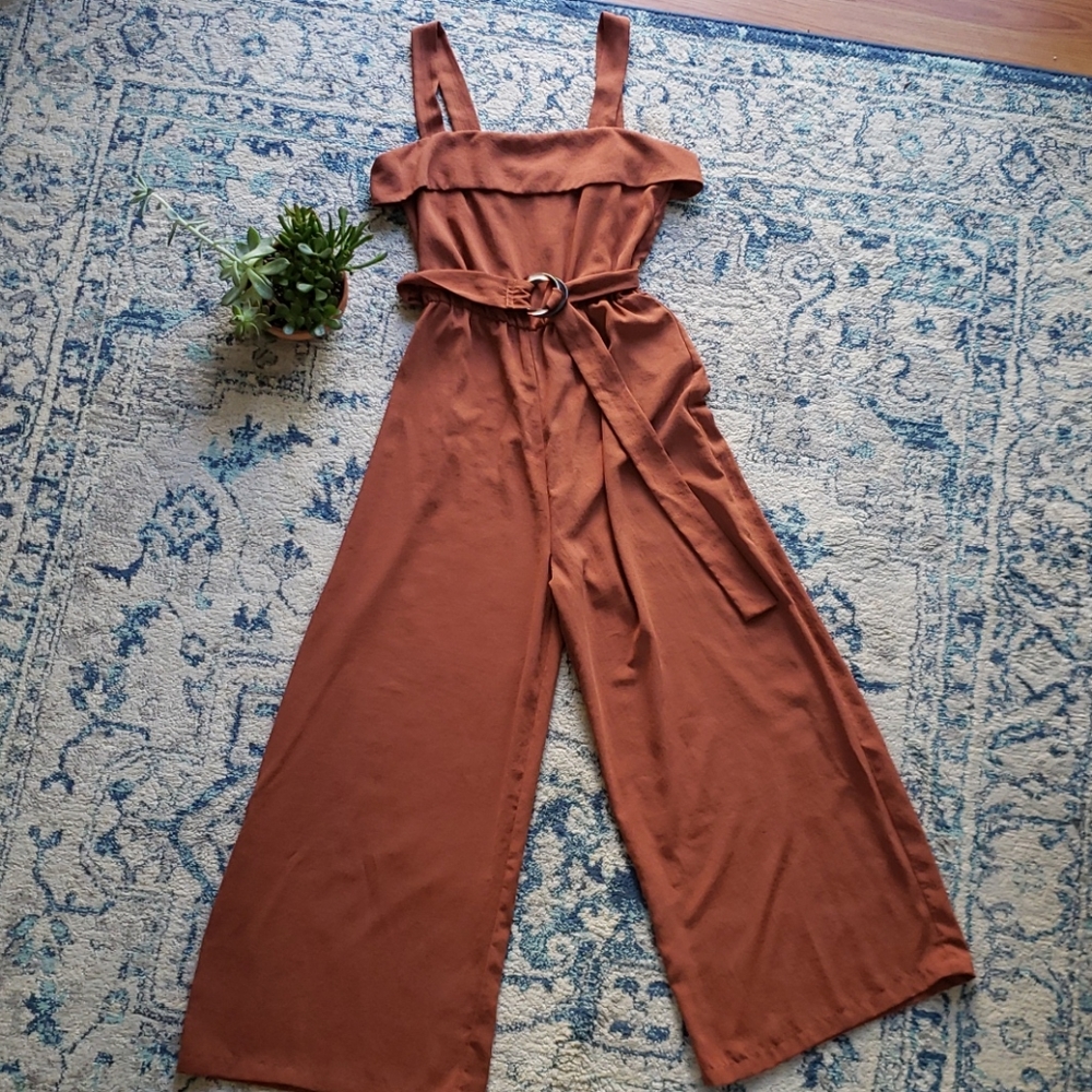 Rust Wide-Legged Belted Jumpsuit